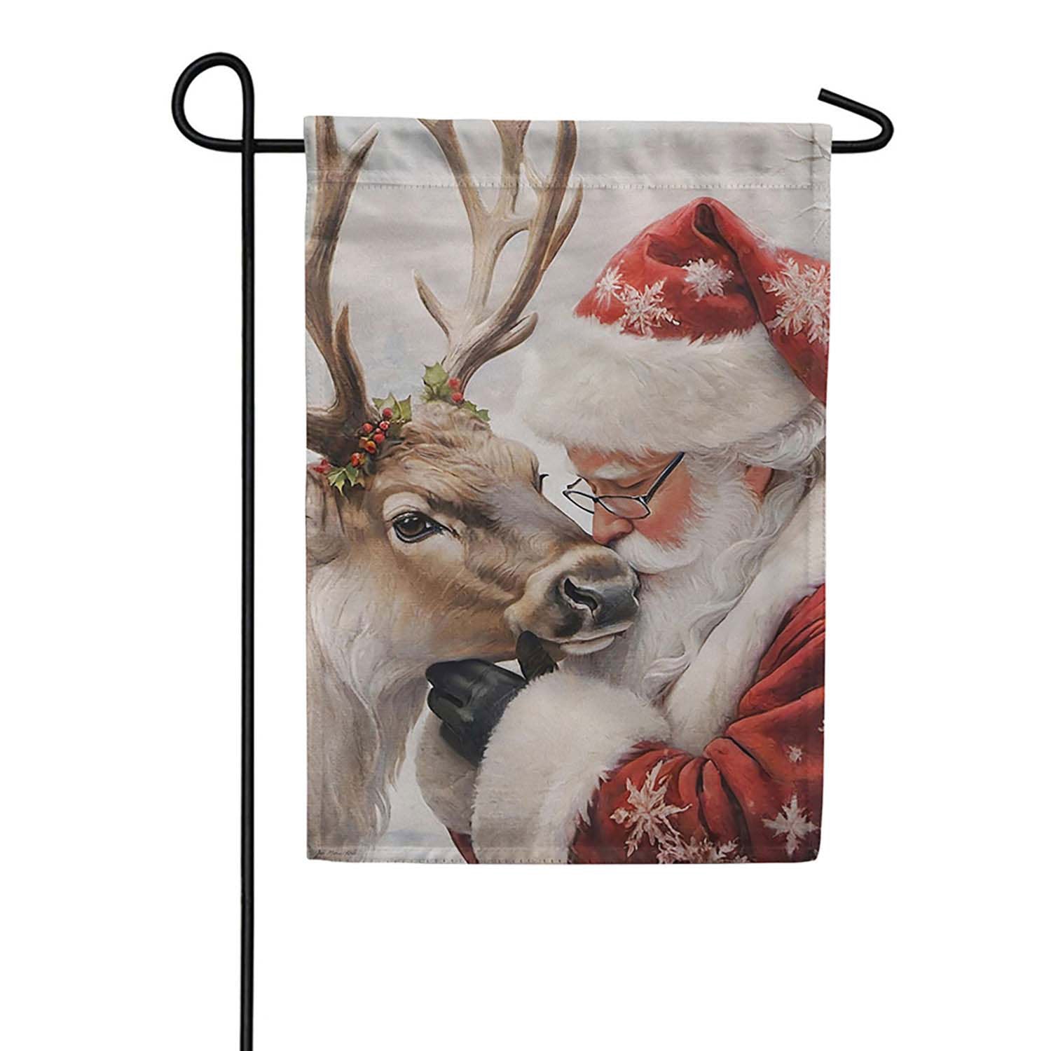 Evergreen Santa Comforting Reindeer Suede 2-Sided Garden Flag