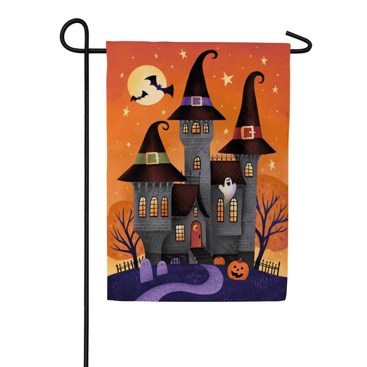 Evergreen Suede 2-Sided Garden Flag - Haunted House Nighttime