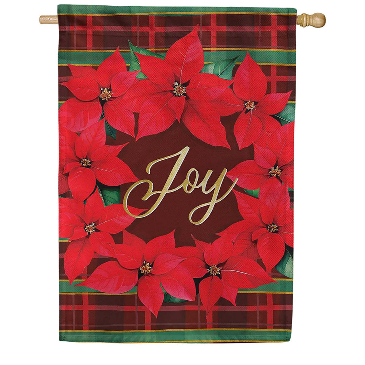 Evergreen Plaid Joy Wreath Suede 2-Sided House Flag