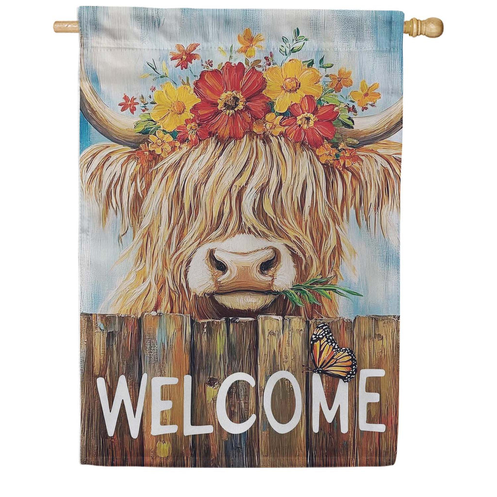 Evergreen Suede 2-Sided House Flag - Summer Highland Cow Welcome
