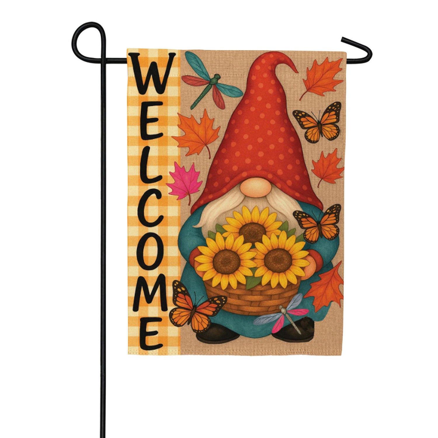 Evergreen Suede Garden Flag - Welcome Sunflower Gnome