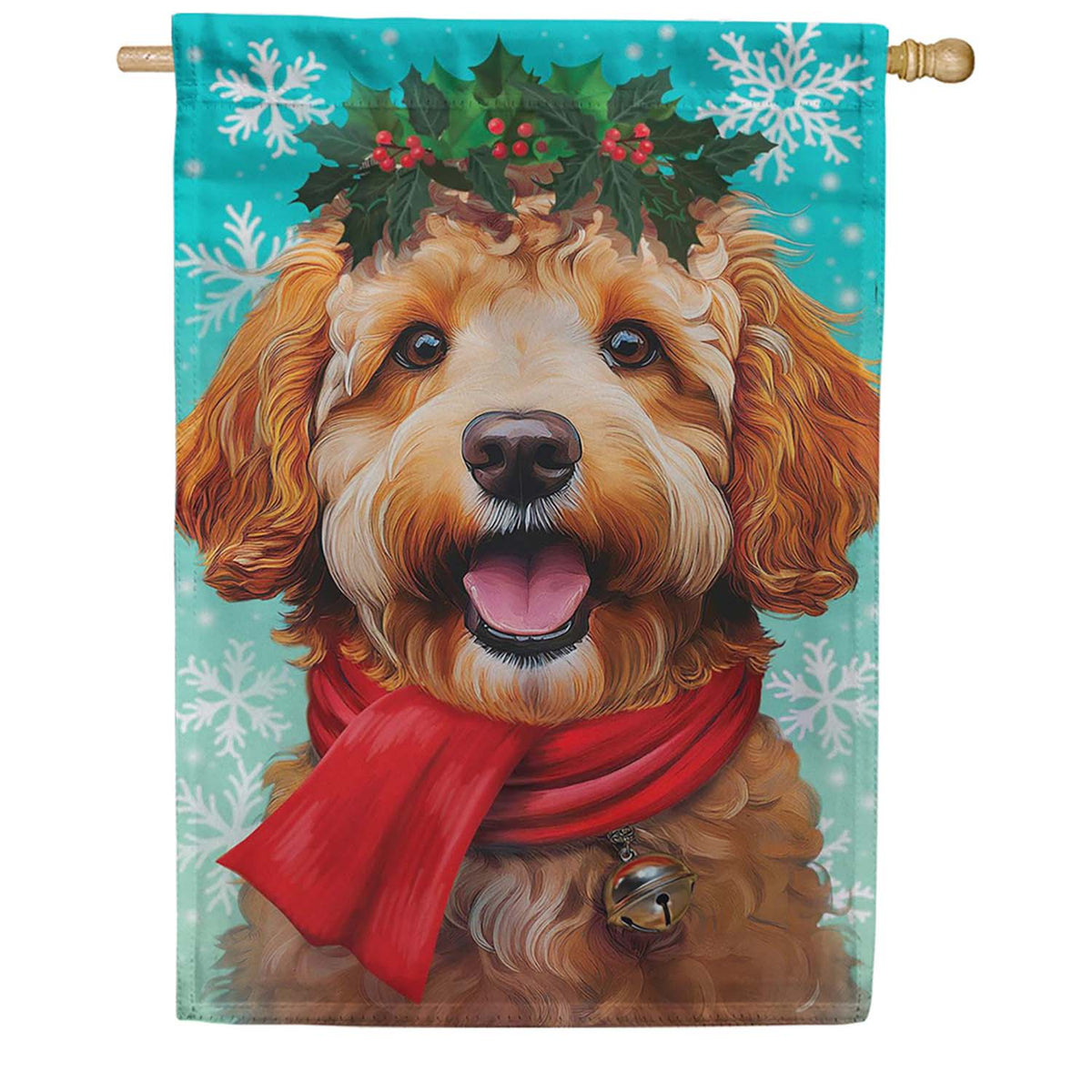 Evergreen Happy Winter Goldendoodle Suede 2-Sided House Flag