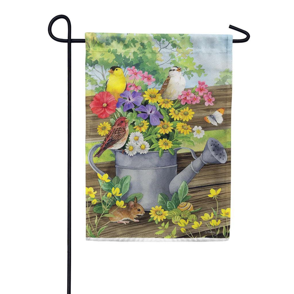 Evergreen Suede 2-Sided Garden Flag - Watering Can Bunch