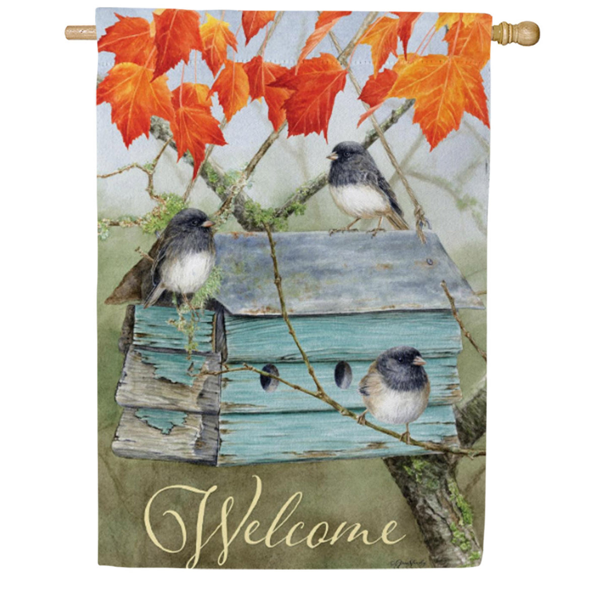 Evergreen Suede House Flag - Rustic Birdhouse