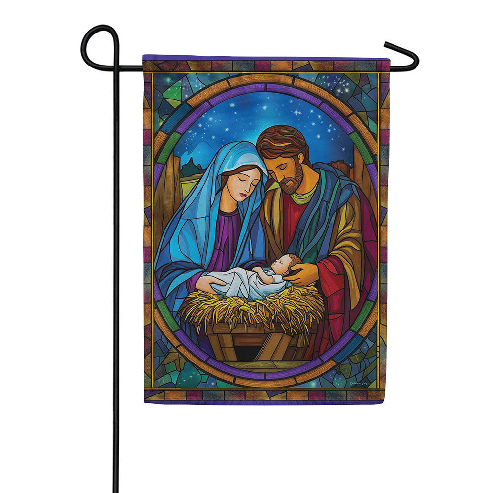 Evergreen Stained Glass Holy Night Suede 2-Sided Garden Flag
