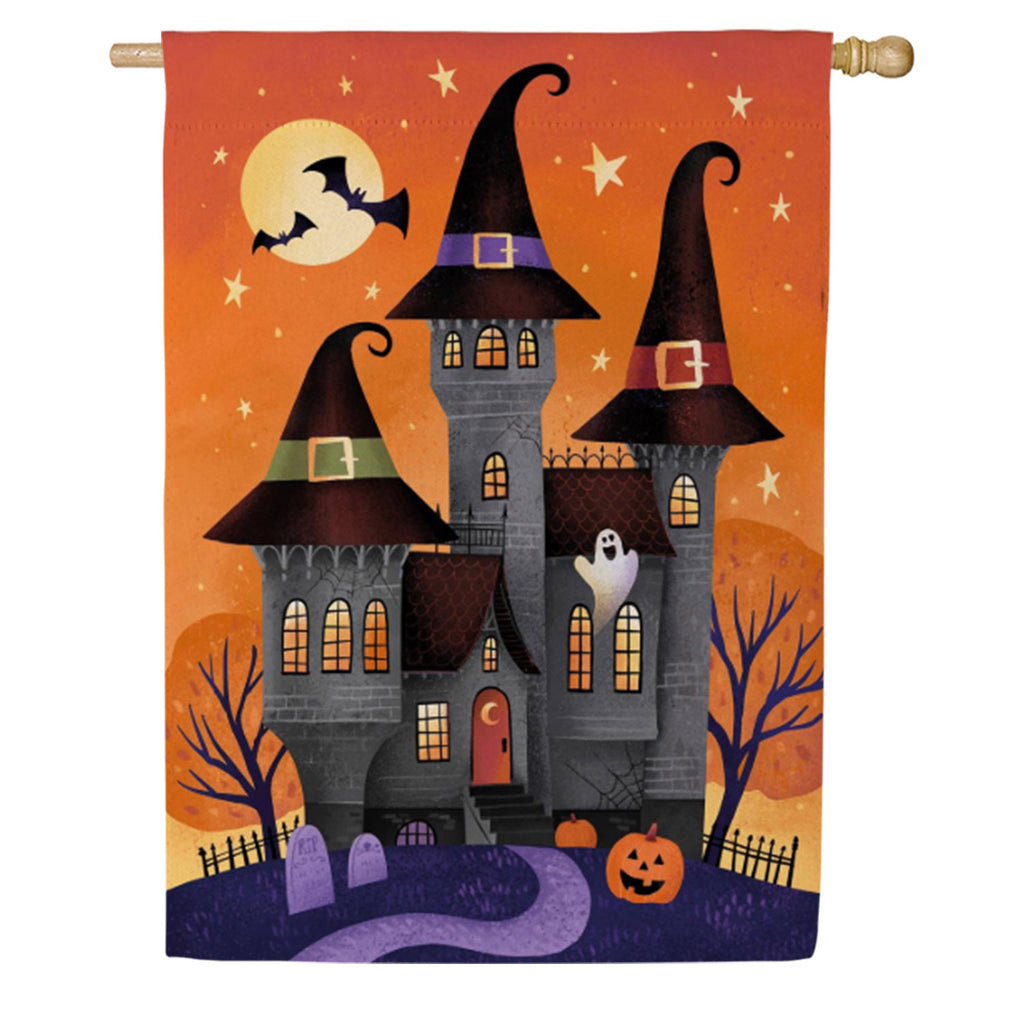 Evergreen Suede House Flag - Haunted House Nighttime
