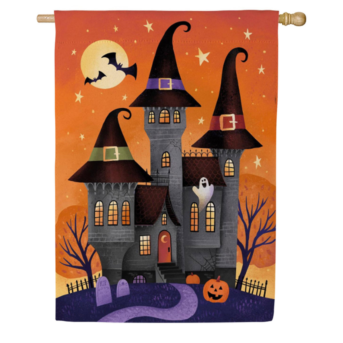 Evergreen Suede House Flag - Haunted House Nighttime