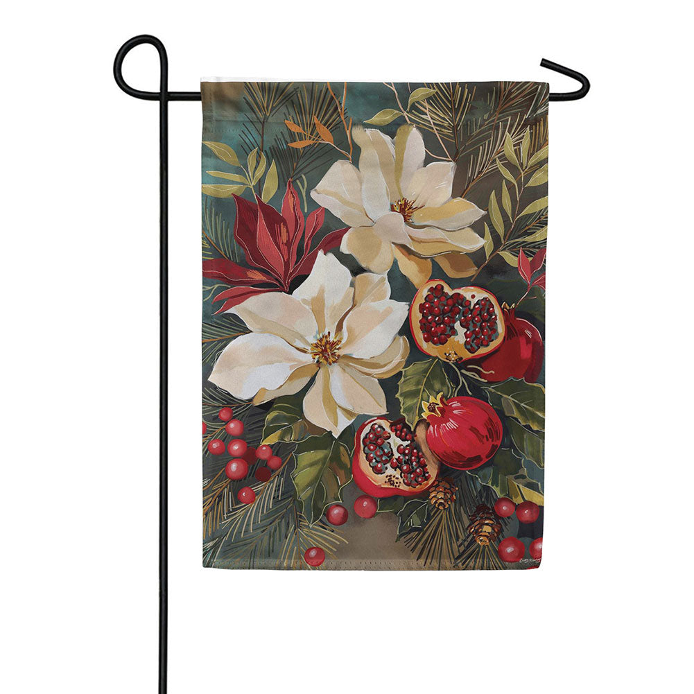 Evergreen Magnolia Pomegranate Suede 2-Sided Garden Flag