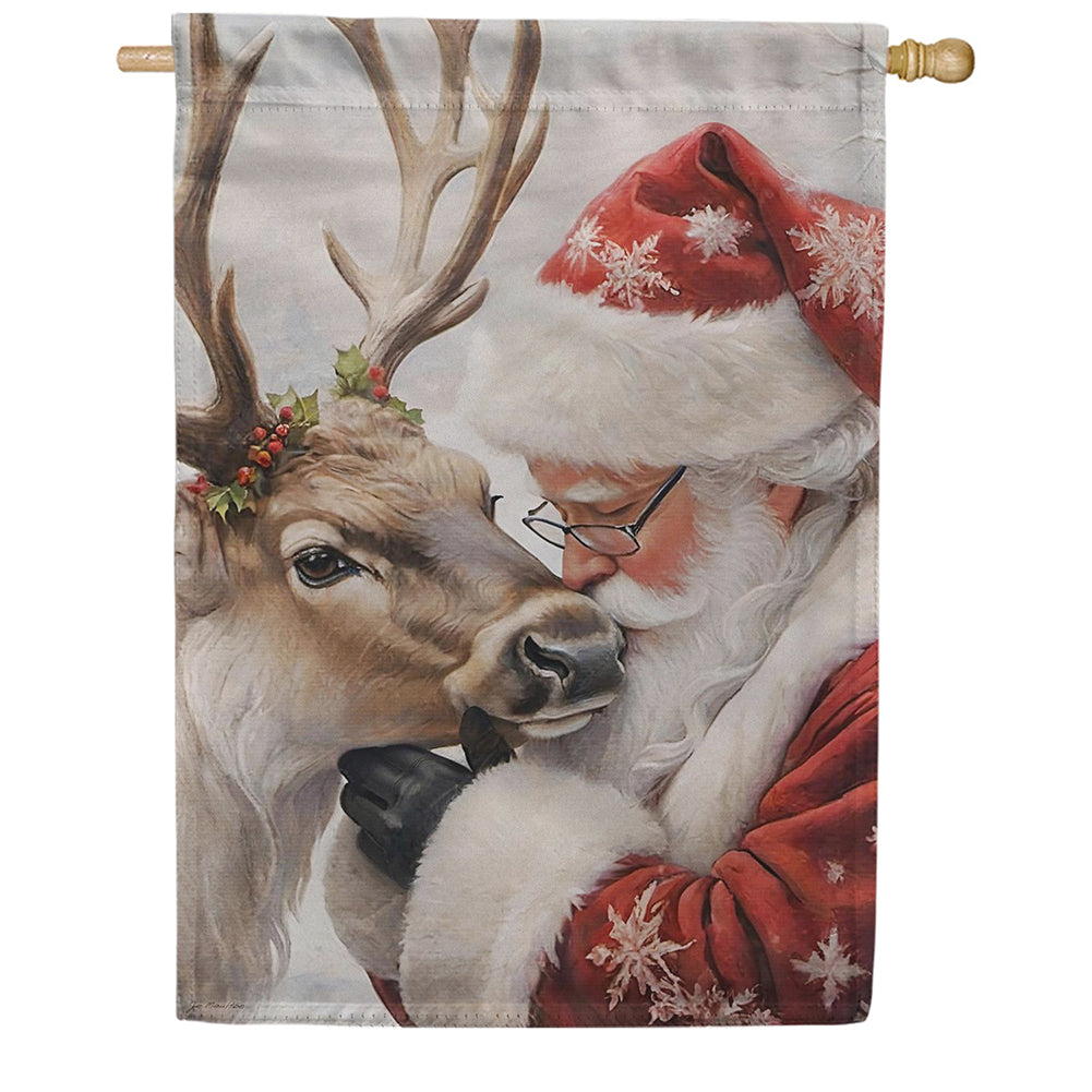 Evergreen Santa Comforting Reindeer Suede 2-Sided House Flag