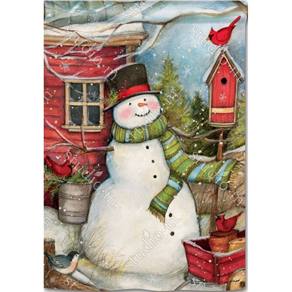 Red Barn Snowman House Flag