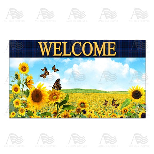 Sunflower Welcome Blue Plaid Doormat