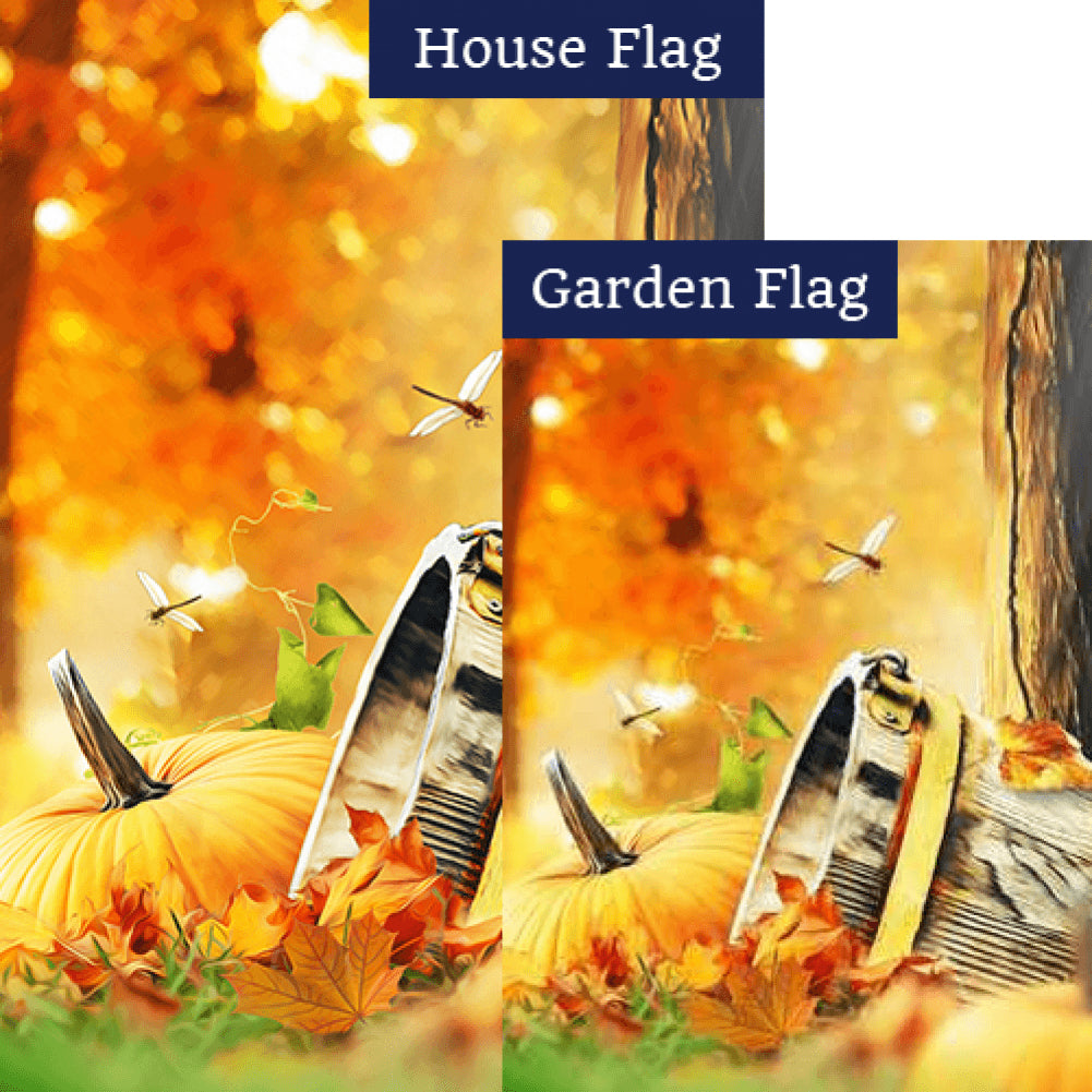 Old Wooden Bucket And Pumpkin Flags Set (2 Pieces)