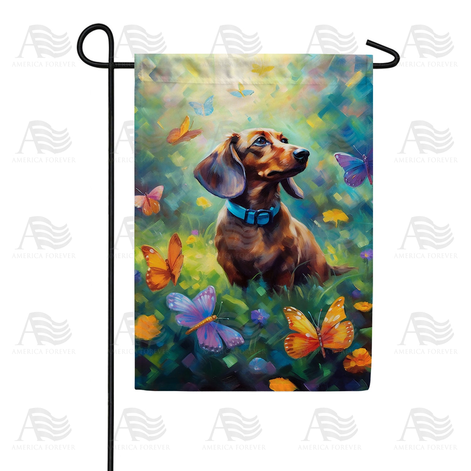 Dachshund & Dancing Butterflies Double Sided Garden Flag