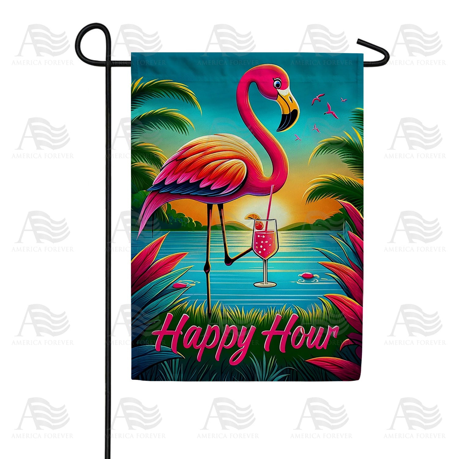 Happy Hour Flamingo Double Sided Garden Flag