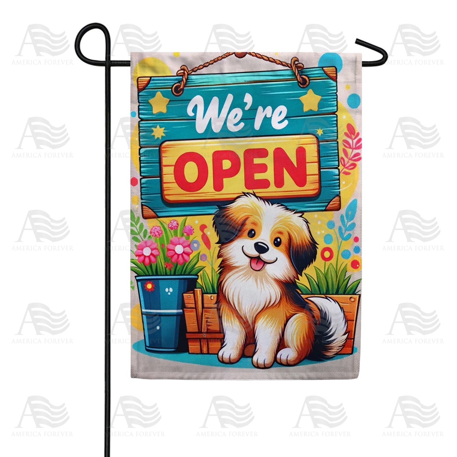 Welcoming Puppy with Open Sign Double Sided Garden Flag