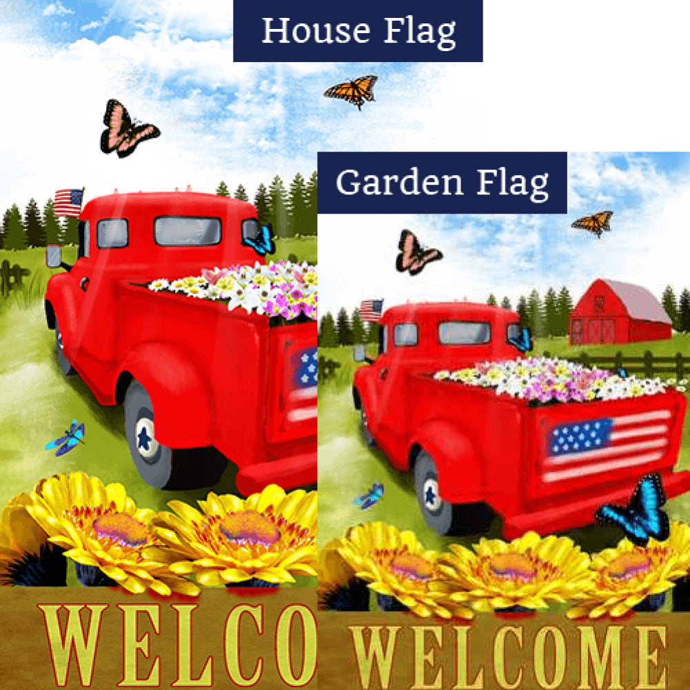 Red Truck Welcome Patriotic Flags Set (2 Pieces)