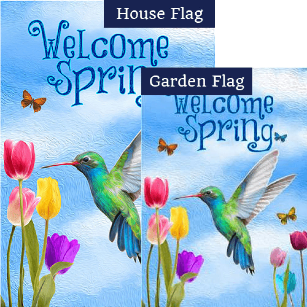 Spring Hummingbird and Tulips Flags Set (2 Pieces)