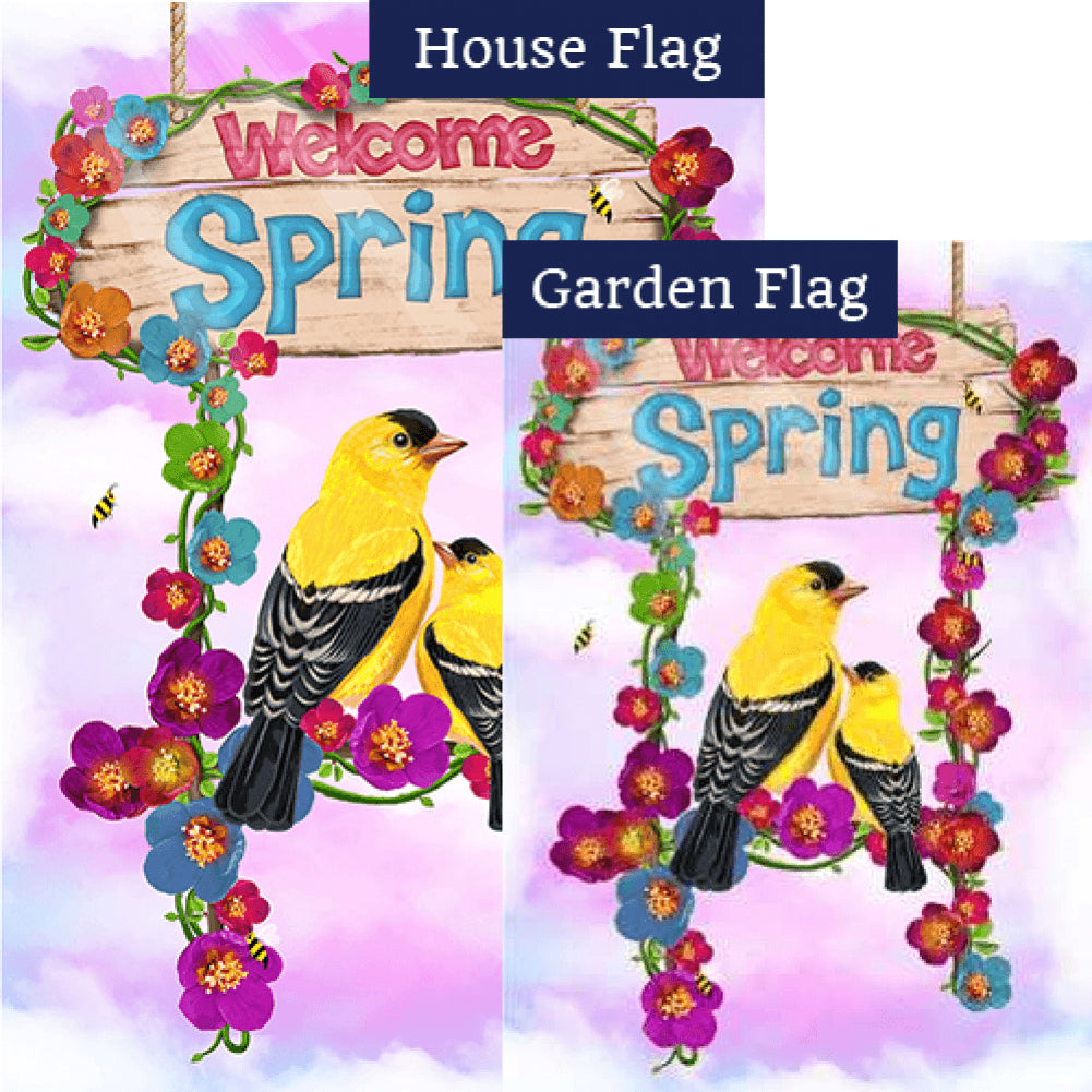 Welcome Spring Yellow Finches Flags Set (2 Pieces)