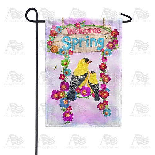 Welcome Spring Yellow Finches Double Sided Garden Flag