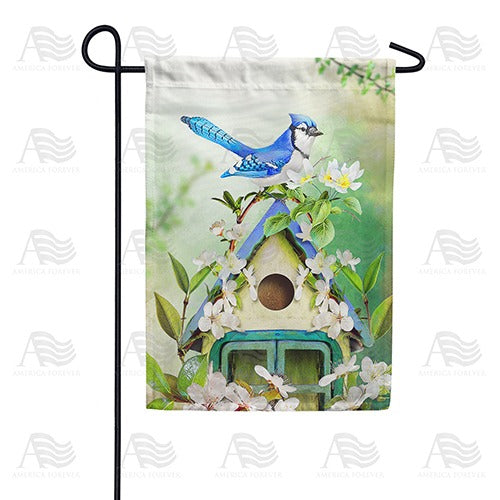 Blue Jay In Blossoms Double Sided Garden Flag