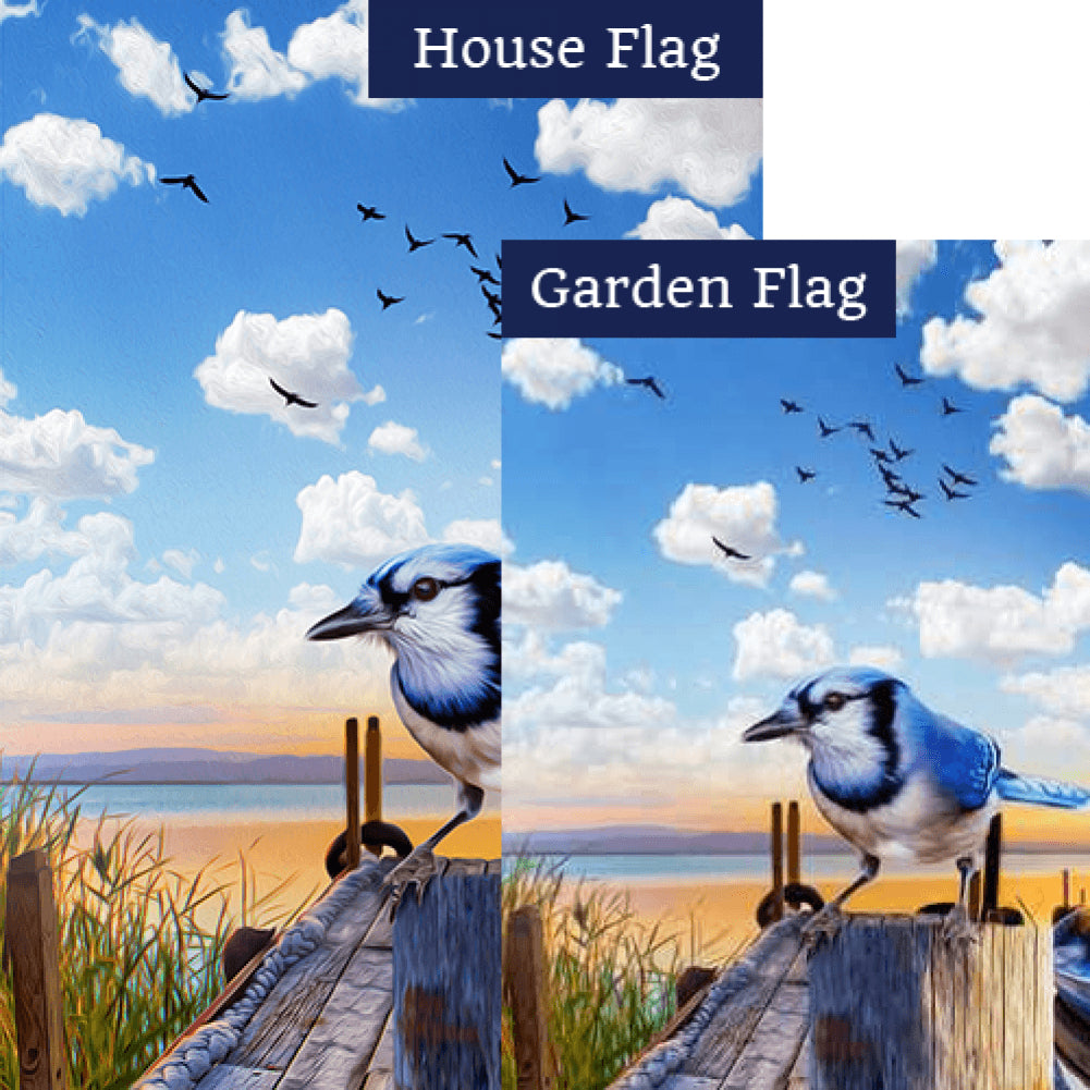 Blue Jay At Beach Double Sided Flags Set (2 Pieces)