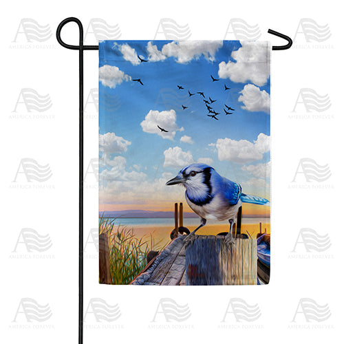 Blue Jay At Beach Double Sided Garden Flag