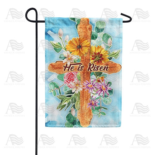 He Is Risen Wooden Cross Double Sided Garden Flag