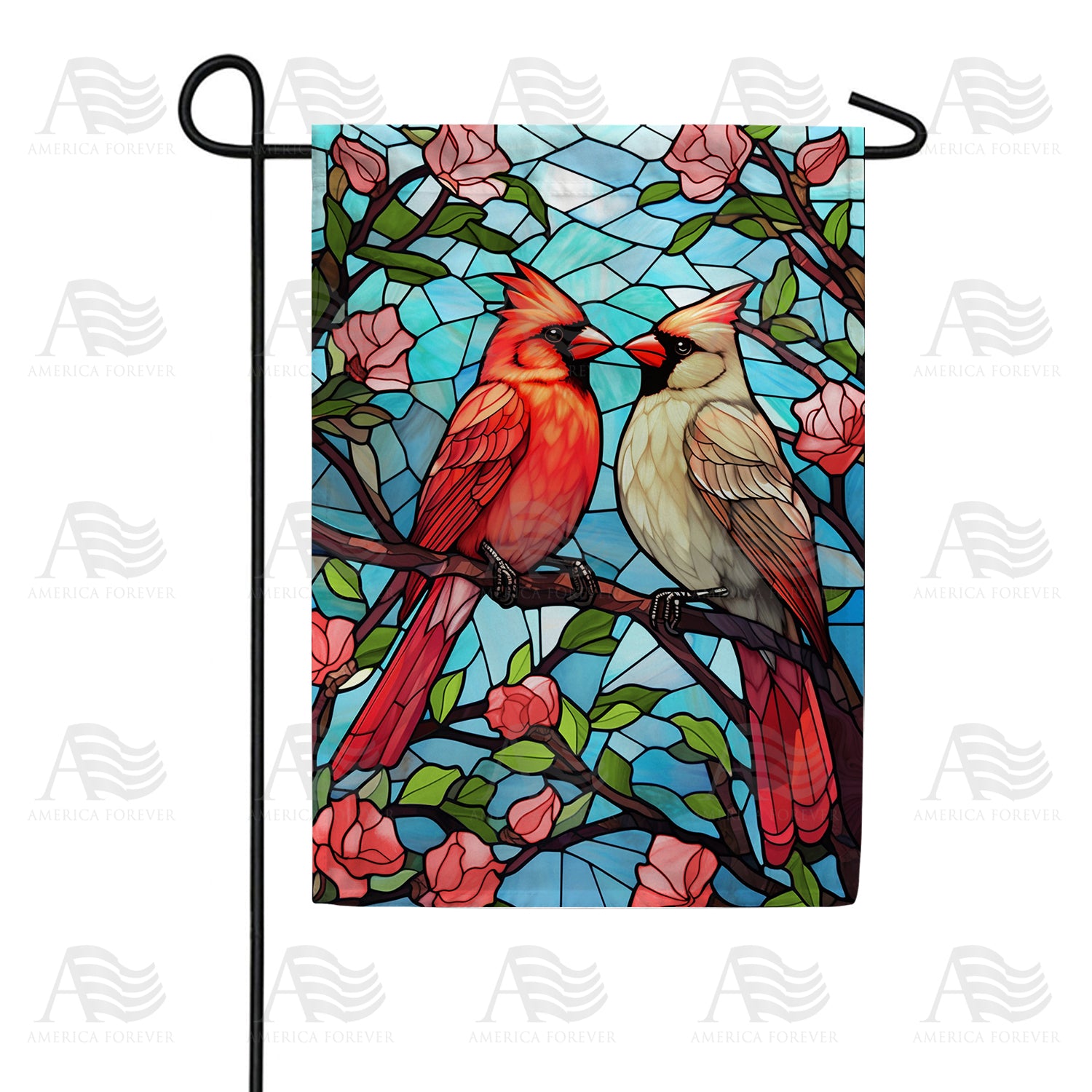 Colored Glass Cardinals Double Sided Garden Flag