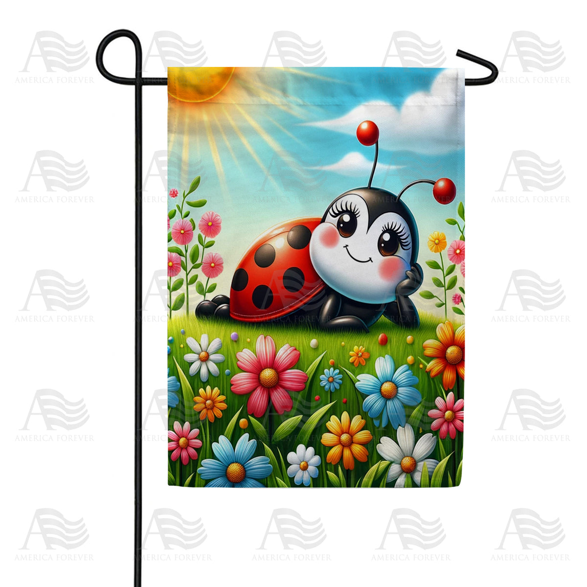 Cheerful Ladybug in Sunny Meadow Double Sided Garden Flag
