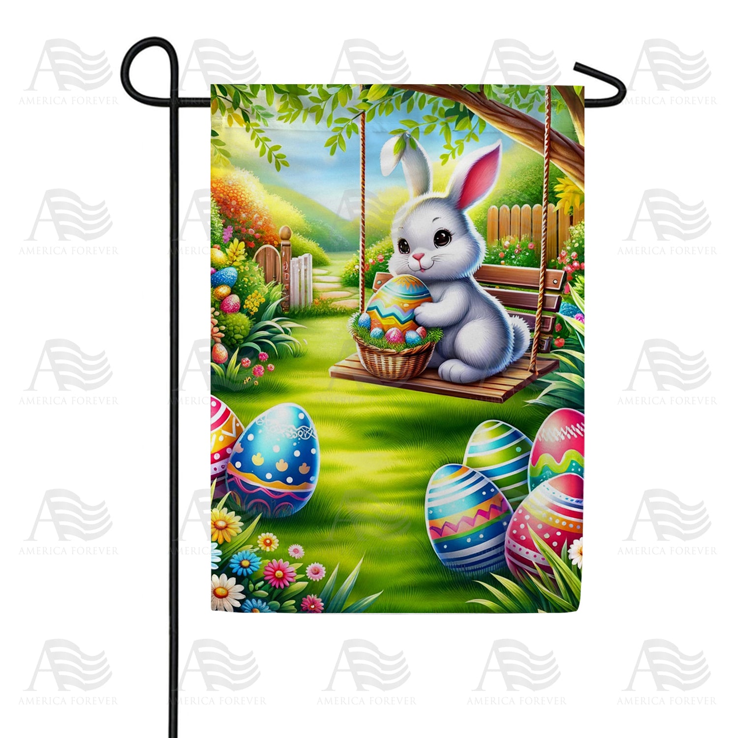 Bunny on Swing with Easter Eggs Double Sided Garden Flag