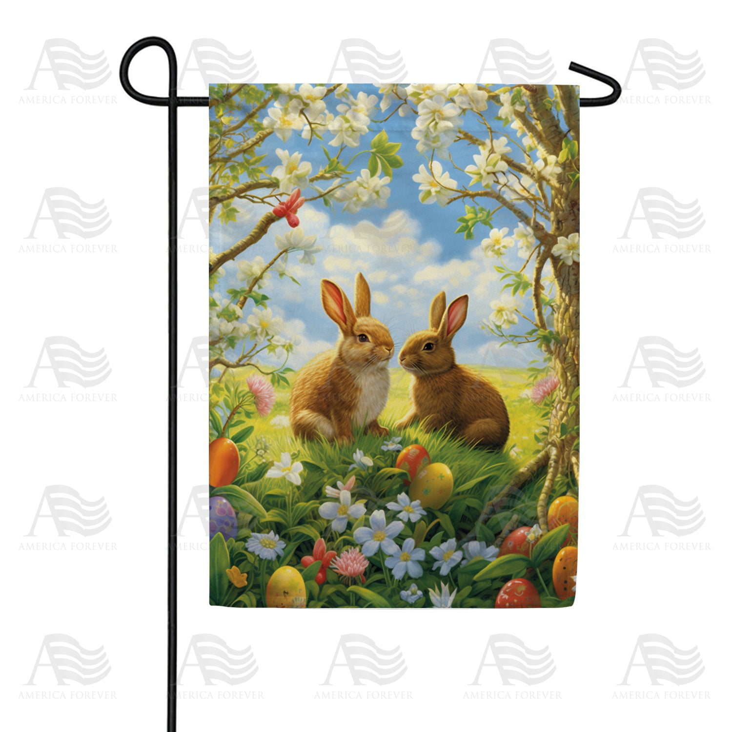Bunnies Amidst Spring Blossoms Double Sided Garden Flag