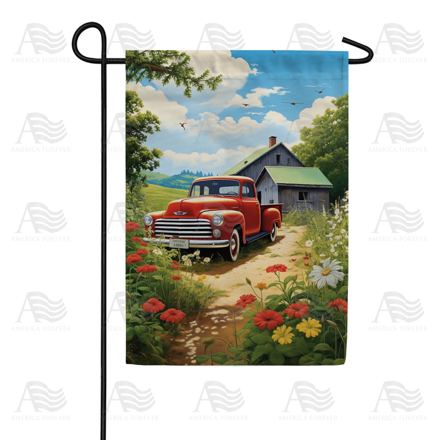 Red Pickup in Rural Bliss Double Sided Garden Flag