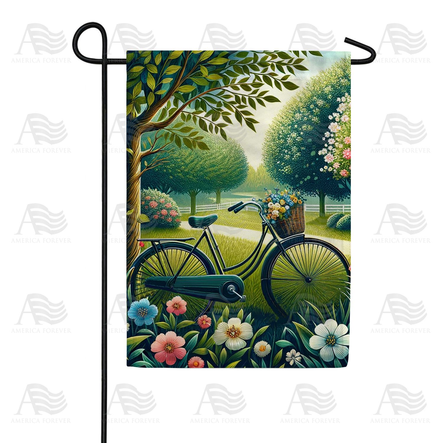 Springtime Bicycle and Blooming Garden Double Sided Garden Flag