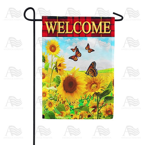 Sunflower Welcome Red Plaid Double Sided Garden Flag