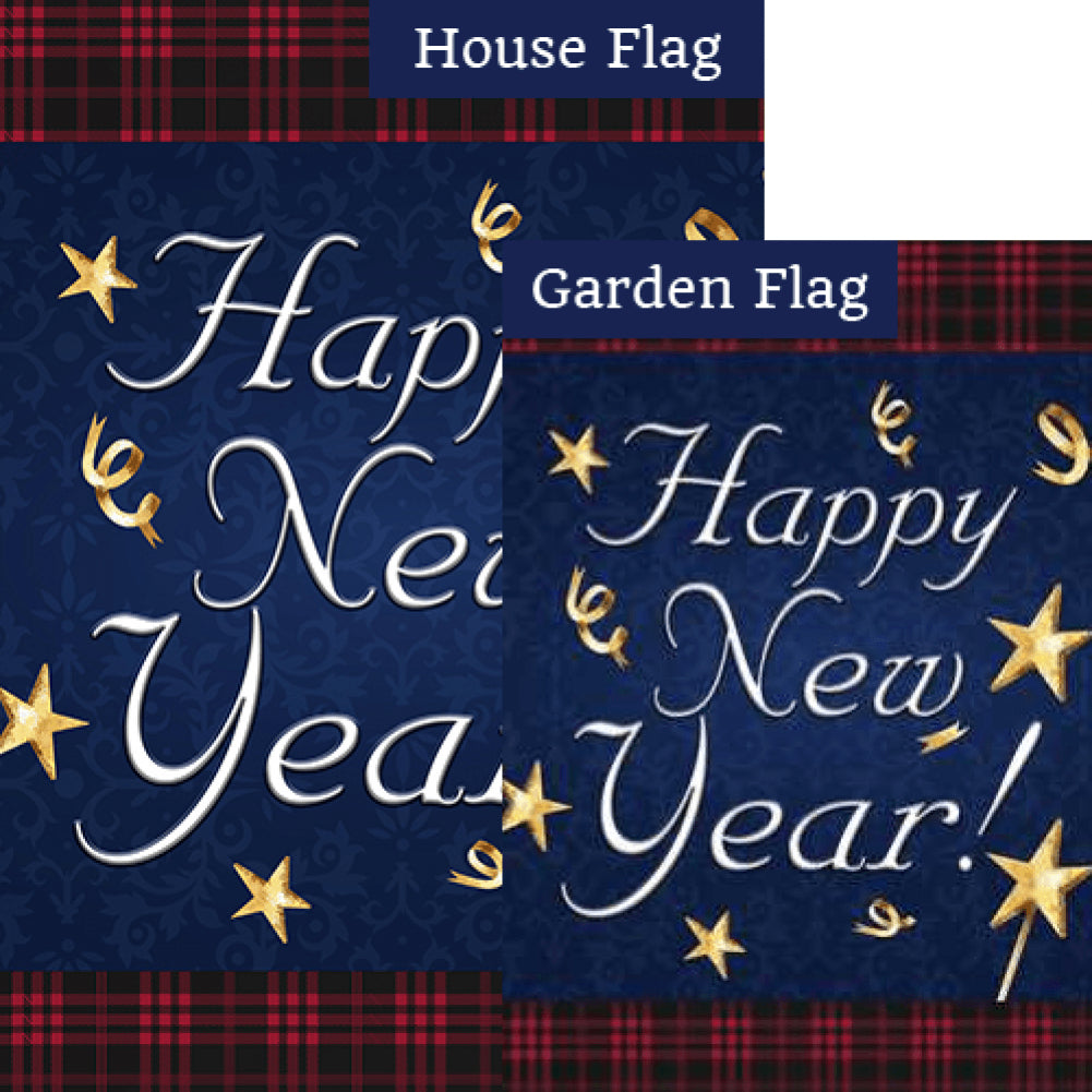 Happy New Year Plaid Border Double Sided Flags Set (2 Pieces)