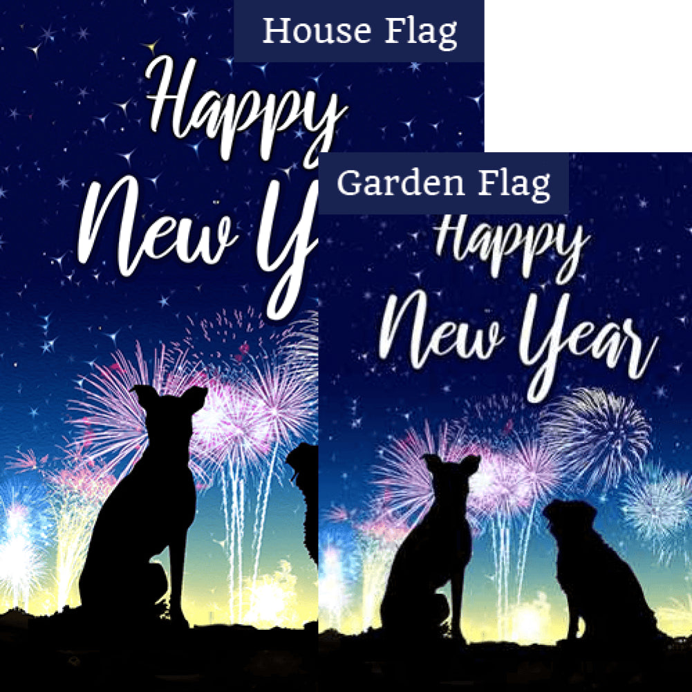 New Year Dogs Silhouette Double Sided Flags Set (2 Pieces)