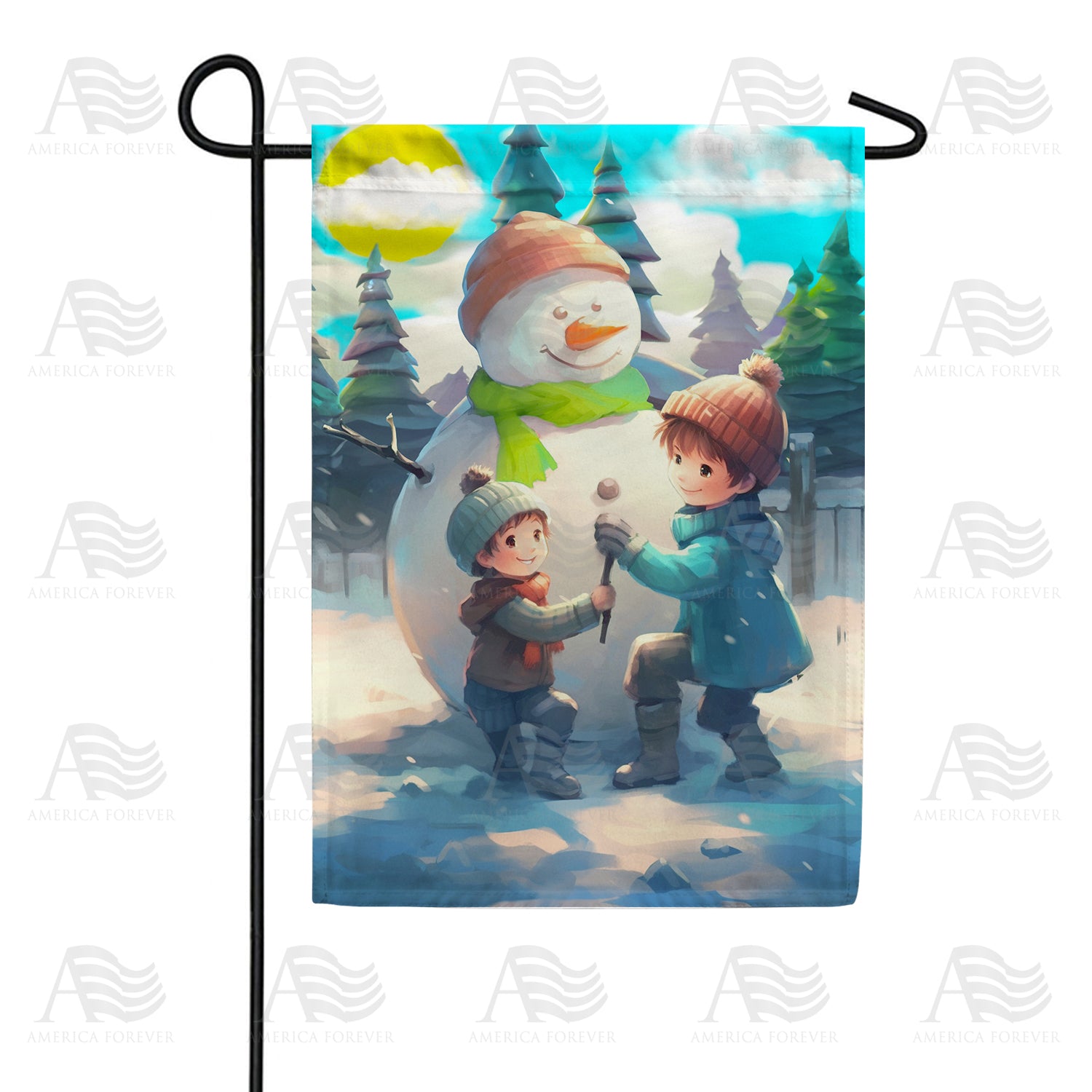 America Forever Building A Snowman Double Sided Garden Flag