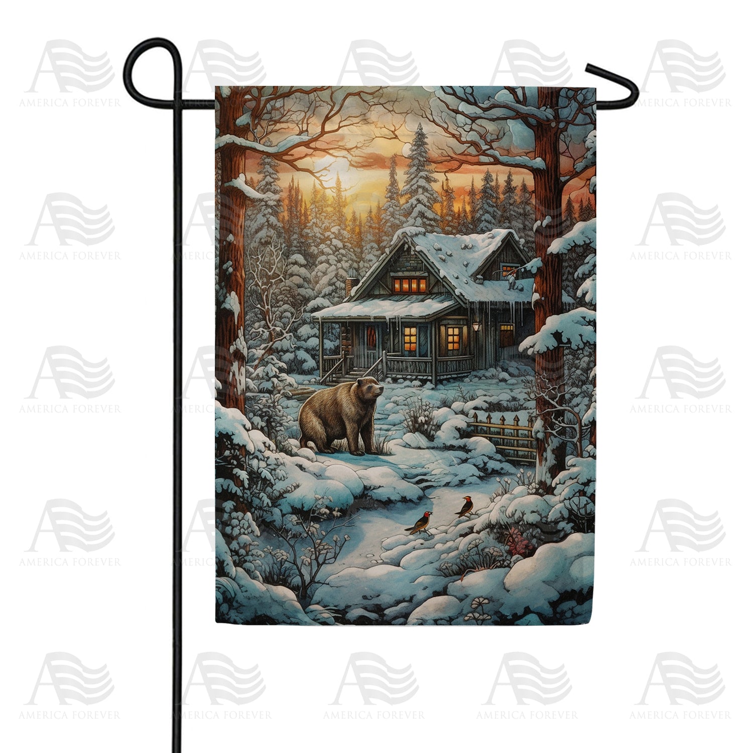 America Forever Winter Cabin Double Sided Garden Flag