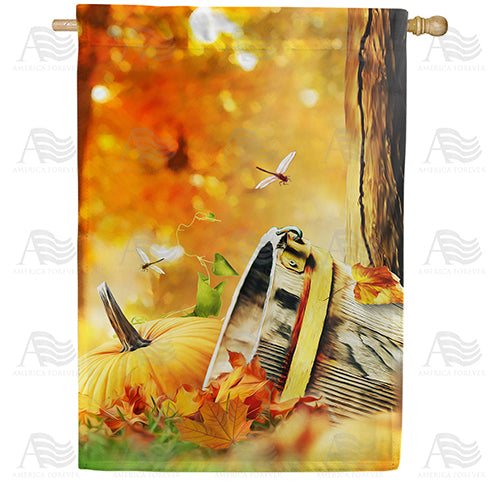 Old Wooden Bucket And Pumpkin Double Sided House Flag