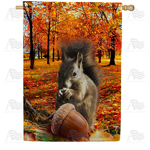 Fall Squirrel Finds Acorn Double Sided House Flag