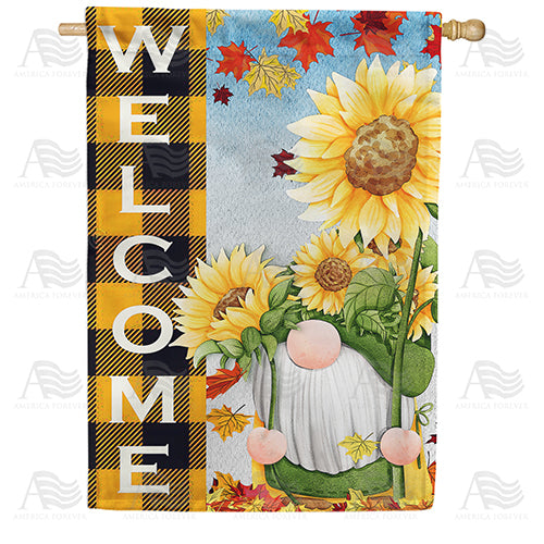 Gnome Picking Sunflowers Double Sided House Flag