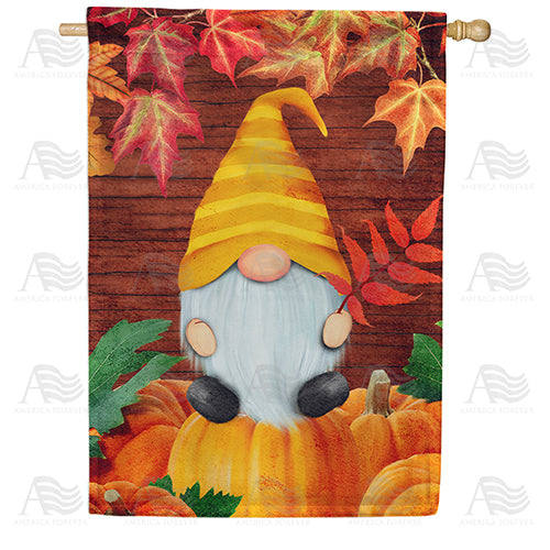 Gnome Sitting On Pumpkin Double Sided House Flag