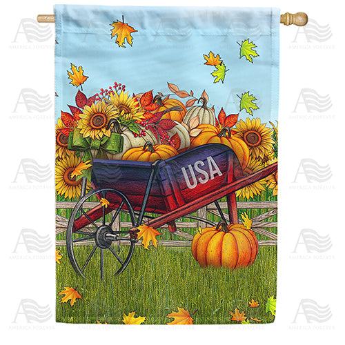 Patriotic Fall Wheelbarrow Double Sided House Flag