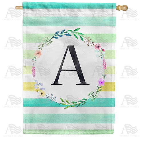 Blue Striped Watercolor Monogram Double Sided House Flag