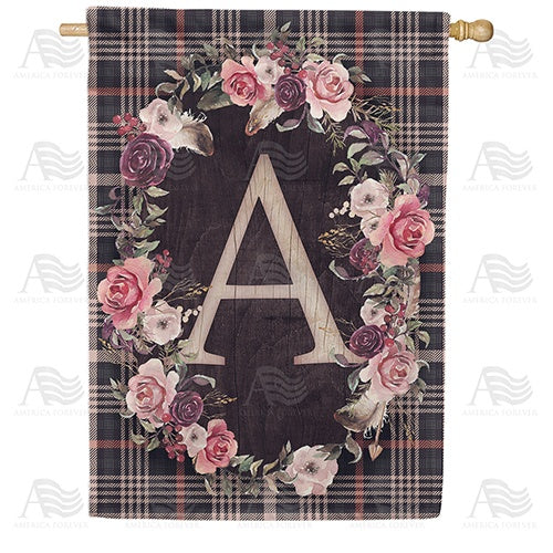 Pink And Black Plaid Monogram Double Sided House Flag