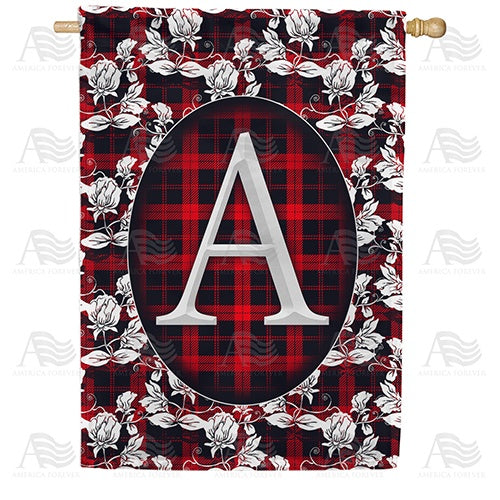 Elegant Red And Black Plaid Monogram Double Sided House Flag