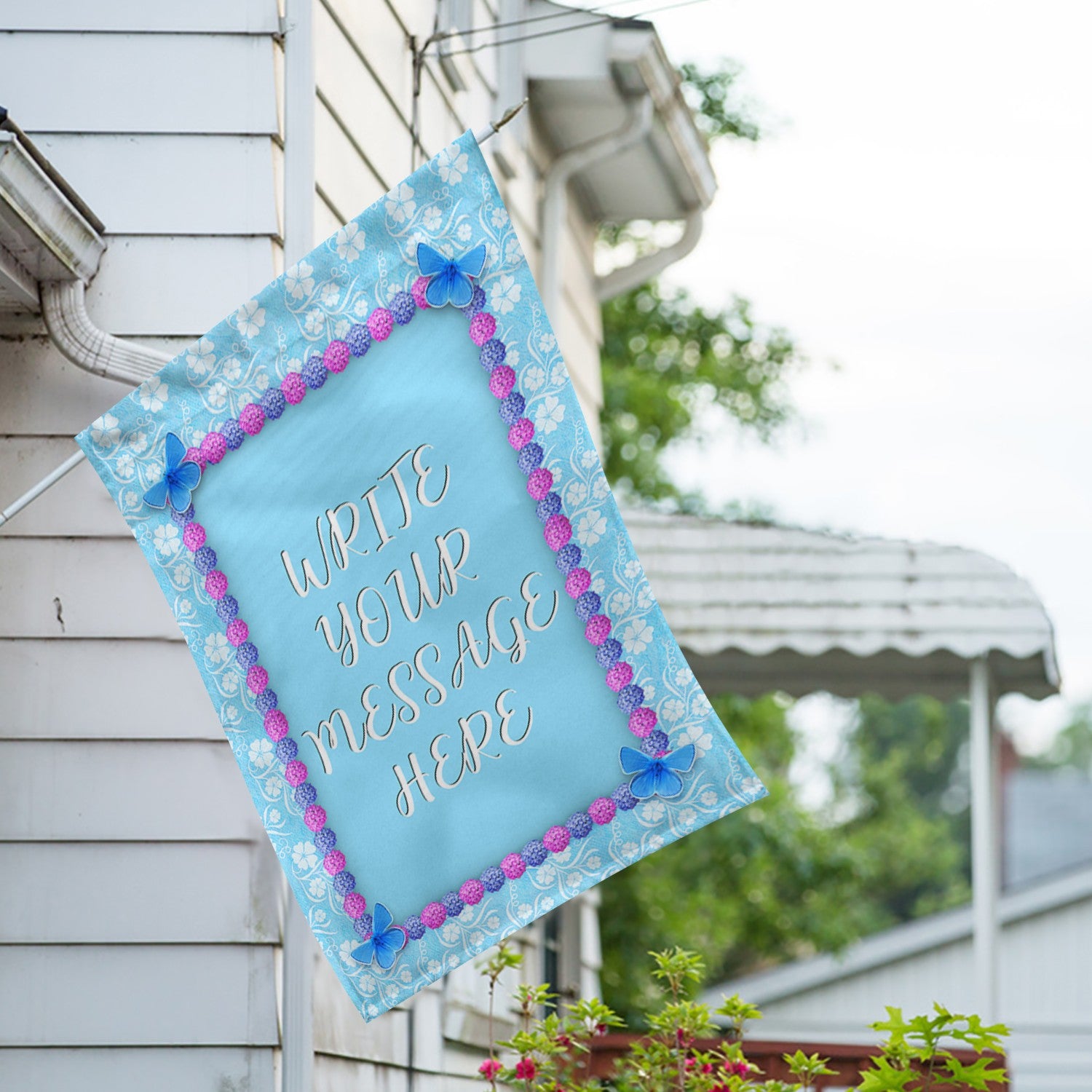 Personalized Blue And Purple Hydrangea Message House Flag