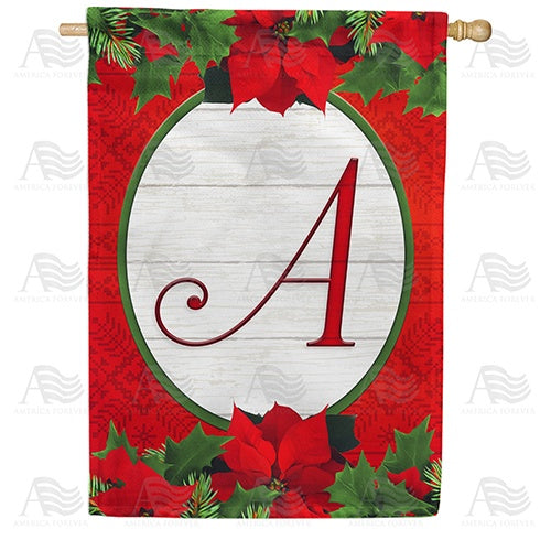 Red Poinsettia Monogram Double Sided House Flag