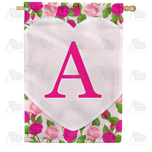 Pink Roses Monogram Double Sided House Flag