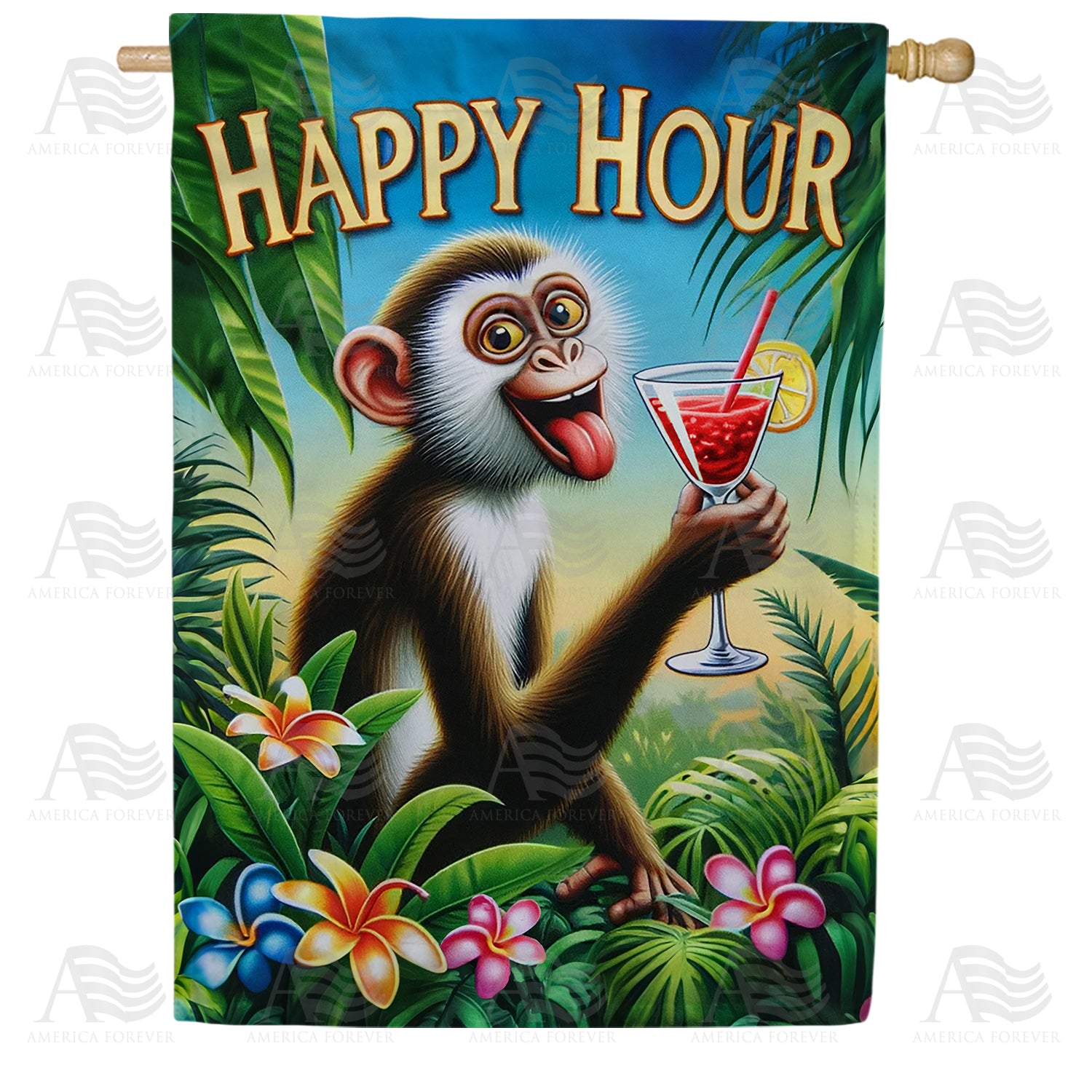 Happy Hour Monkey Double Sided House Flag